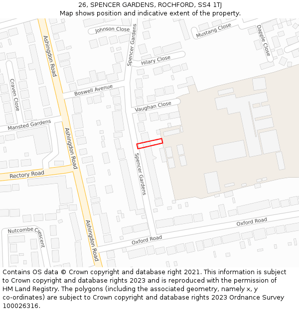 26, SPENCER GARDENS, ROCHFORD, SS4 1TJ: Location map and indicative extent of plot