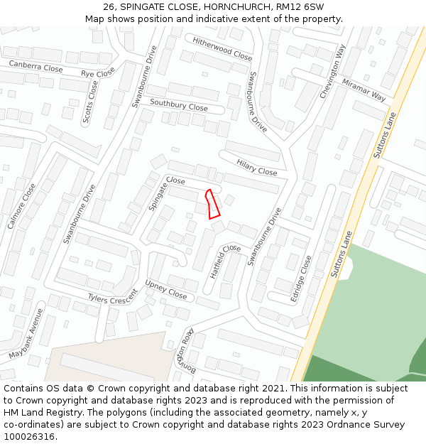 26, SPINGATE CLOSE, HORNCHURCH, RM12 6SW: Location map and indicative extent of plot