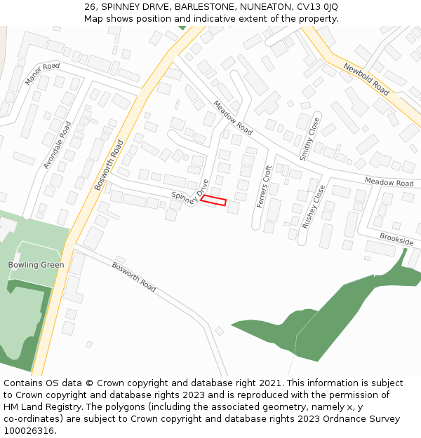 26, SPINNEY DRIVE, BARLESTONE, NUNEATON, CV13 0JQ: Location map and indicative extent of plot