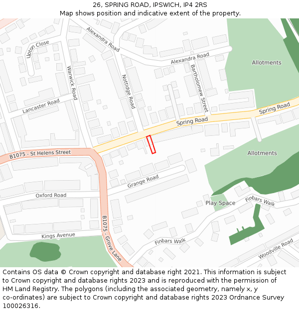 26, SPRING ROAD, IPSWICH, IP4 2RS: Location map and indicative extent of plot