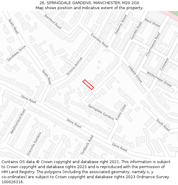 26, SPRINGDALE GARDENS, MANCHESTER, M20 2GX: Location map and indicative extent of plot