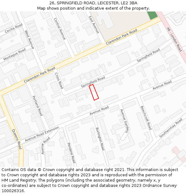 26, SPRINGFIELD ROAD, LEICESTER, LE2 3BA: Location map and indicative extent of plot