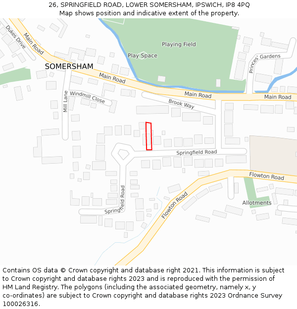 26, SPRINGFIELD ROAD, LOWER SOMERSHAM, IPSWICH, IP8 4PQ: Location map and indicative extent of plot