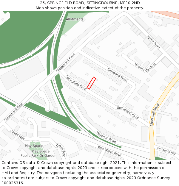 26, SPRINGFIELD ROAD, SITTINGBOURNE, ME10 2ND: Location map and indicative extent of plot