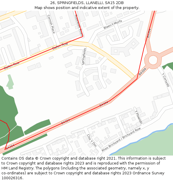 26, SPRINGFIELDS, LLANELLI, SA15 2DB: Location map and indicative extent of plot