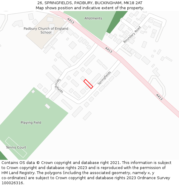 26, SPRINGFIELDS, PADBURY, BUCKINGHAM, MK18 2AT: Location map and indicative extent of plot