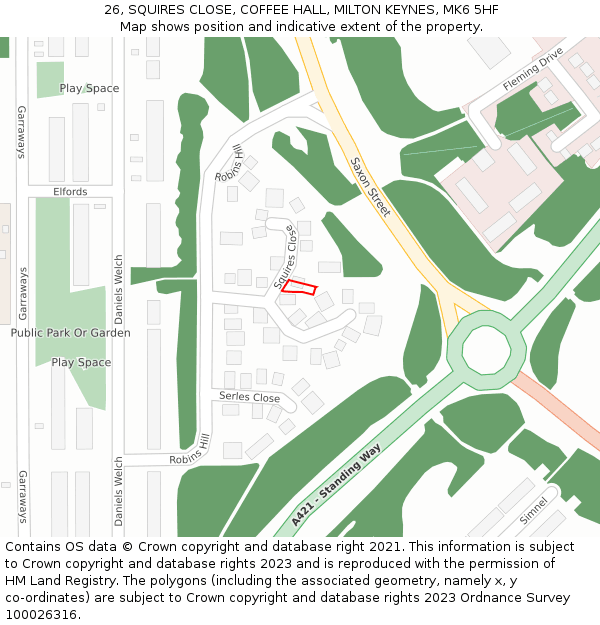 26, SQUIRES CLOSE, COFFEE HALL, MILTON KEYNES, MK6 5HF: Location map and indicative extent of plot