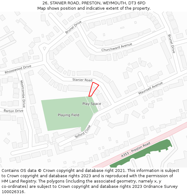 26, STANIER ROAD, PRESTON, WEYMOUTH, DT3 6PD: Location map and indicative extent of plot