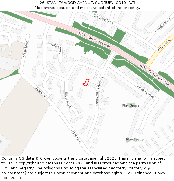 26, STANLEY WOOD AVENUE, SUDBURY, CO10 1WB: Location map and indicative extent of plot