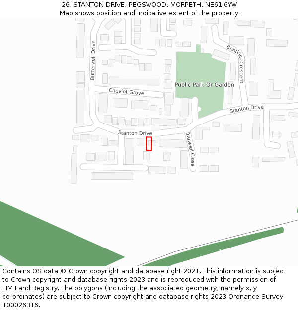 26, STANTON DRIVE, PEGSWOOD, MORPETH, NE61 6YW: Location map and indicative extent of plot