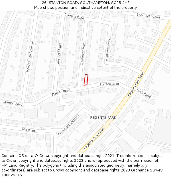 26, STANTON ROAD, SOUTHAMPTON, SO15 4HE: Location map and indicative extent of plot