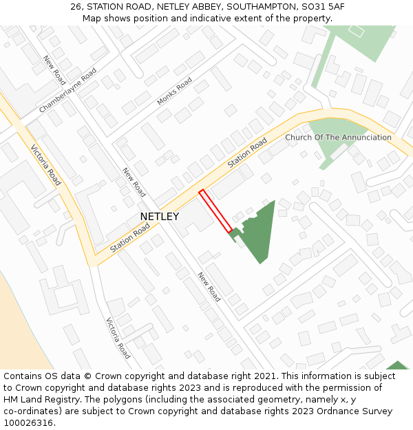 26, STATION ROAD, NETLEY ABBEY, SOUTHAMPTON, SO31 5AF: Location map and indicative extent of plot