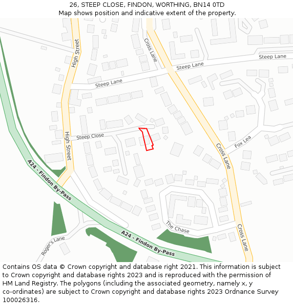 26, STEEP CLOSE, FINDON, WORTHING, BN14 0TD: Location map and indicative extent of plot