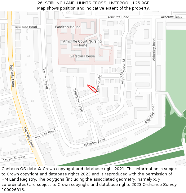 26, STIRLING LANE, HUNTS CROSS, LIVERPOOL, L25 9GF: Location map and indicative extent of plot