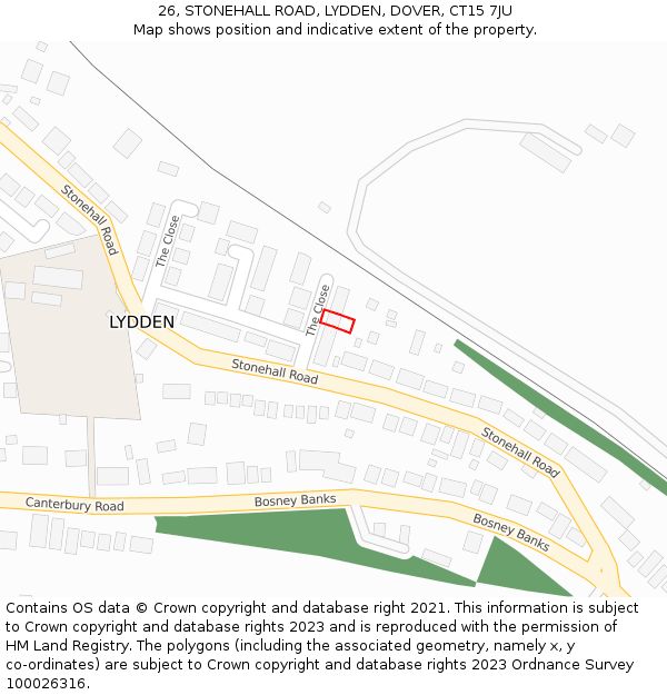 26, STONEHALL ROAD, LYDDEN, DOVER, CT15 7JU: Location map and indicative extent of plot