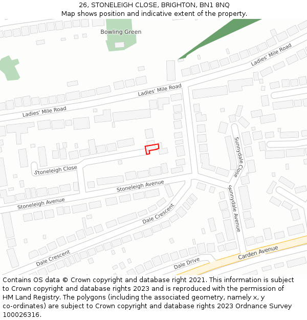 26, STONELEIGH CLOSE, BRIGHTON, BN1 8NQ: Location map and indicative extent of plot