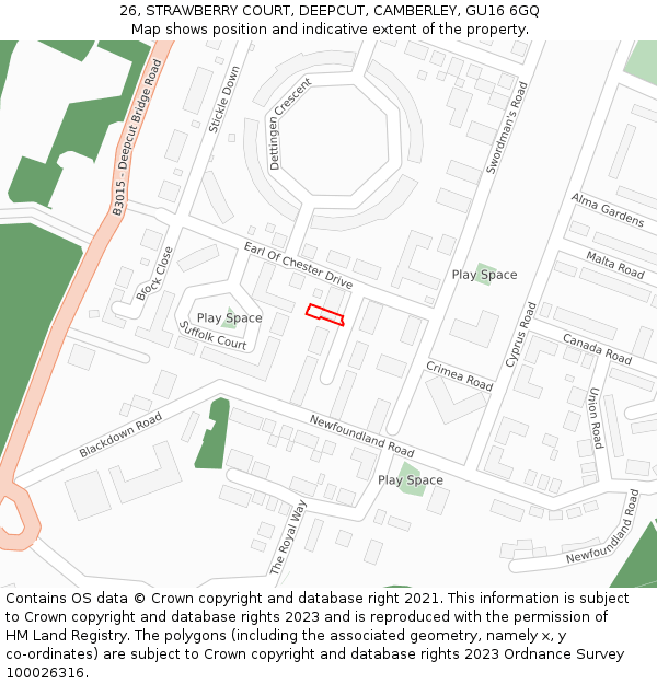 26, STRAWBERRY COURT, DEEPCUT, CAMBERLEY, GU16 6GQ: Location map and indicative extent of plot