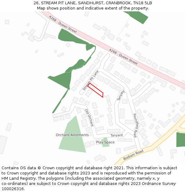 26, STREAM PIT LANE, SANDHURST, CRANBROOK, TN18 5LB: Location map and indicative extent of plot