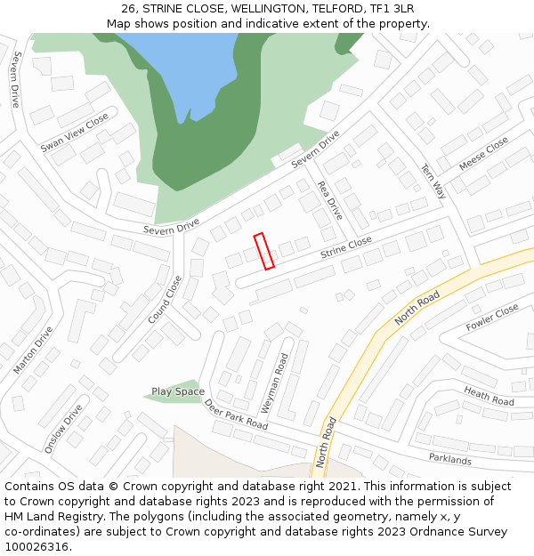 26, STRINE CLOSE, WELLINGTON, TELFORD, TF1 3LR: Location map and indicative extent of plot