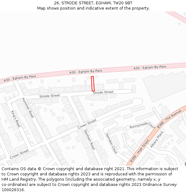 26, STRODE STREET, EGHAM, TW20 9BT: Location map and indicative extent of plot