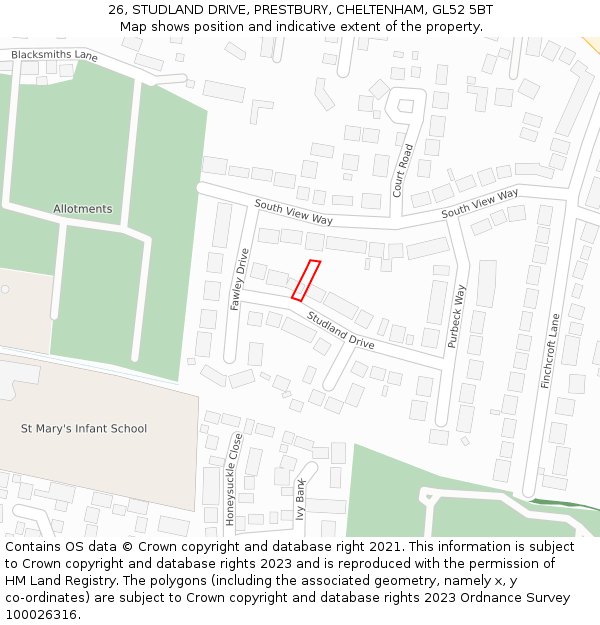 26, STUDLAND DRIVE, PRESTBURY, CHELTENHAM, GL52 5BT: Location map and indicative extent of plot