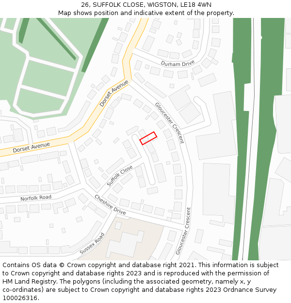 26, SUFFOLK CLOSE, WIGSTON, LE18 4WN: Location map and indicative extent of plot