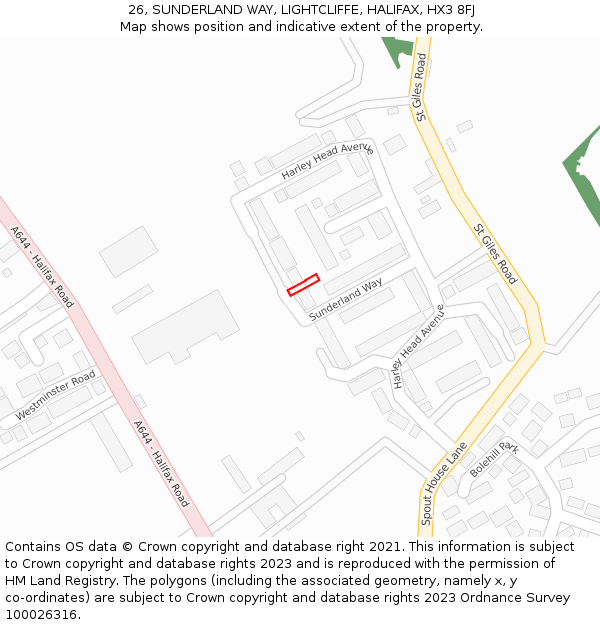 26, SUNDERLAND WAY, LIGHTCLIFFE, HALIFAX, HX3 8FJ: Location map and indicative extent of plot