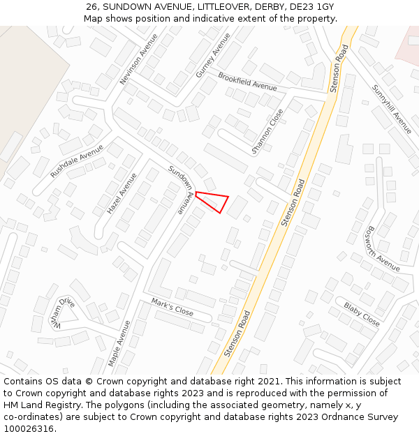 26, SUNDOWN AVENUE, LITTLEOVER, DERBY, DE23 1GY: Location map and indicative extent of plot