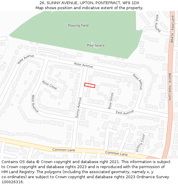 26, SUNNY AVENUE, UPTON, PONTEFRACT, WF9 1DX: Location map and indicative extent of plot