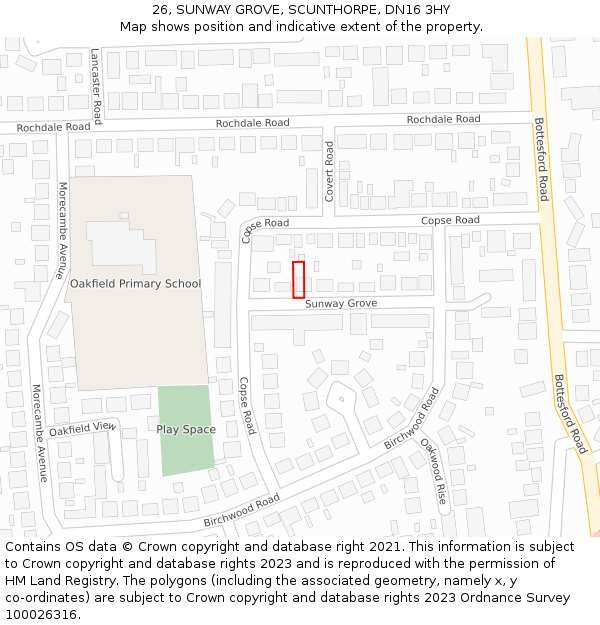 26, SUNWAY GROVE, SCUNTHORPE, DN16 3HY: Location map and indicative extent of plot