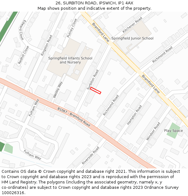 26, SURBITON ROAD, IPSWICH, IP1 4AX: Location map and indicative extent of plot