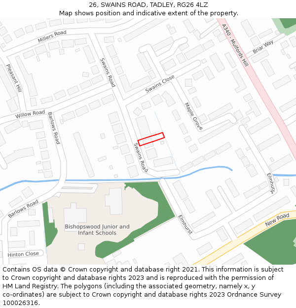 26, SWAINS ROAD, TADLEY, RG26 4LZ: Location map and indicative extent of plot