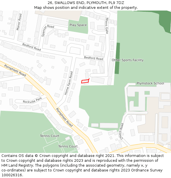 26, SWALLOWS END, PLYMOUTH, PL9 7DZ: Location map and indicative extent of plot