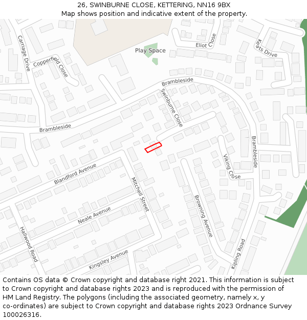 26, SWINBURNE CLOSE, KETTERING, NN16 9BX: Location map and indicative extent of plot