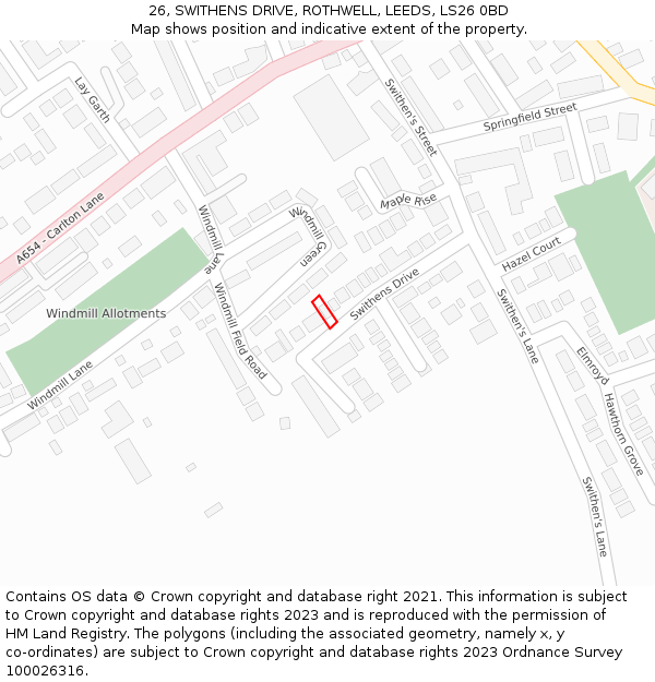26, SWITHENS DRIVE, ROTHWELL, LEEDS, LS26 0BD: Location map and indicative extent of plot