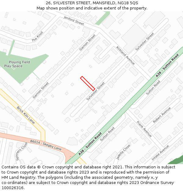 26, SYLVESTER STREET, MANSFIELD, NG18 5QS: Location map and indicative extent of plot