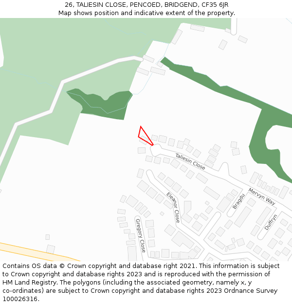 26, TALIESIN CLOSE, PENCOED, BRIDGEND, CF35 6JR: Location map and indicative extent of plot