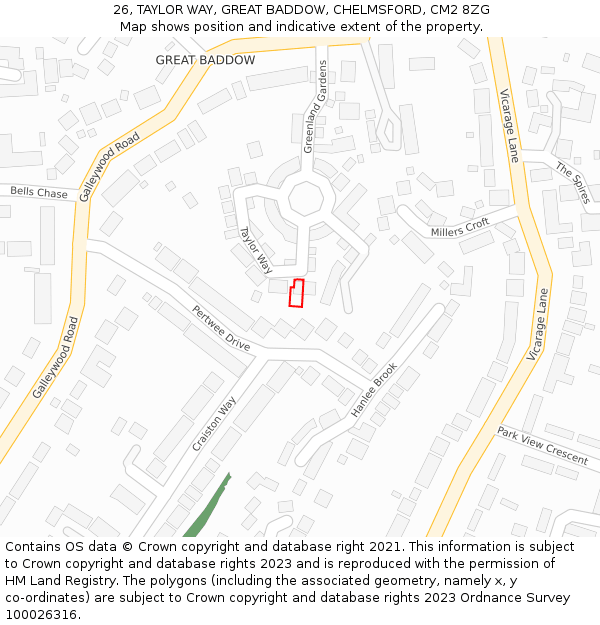 26, TAYLOR WAY, GREAT BADDOW, CHELMSFORD, CM2 8ZG: Location map and indicative extent of plot