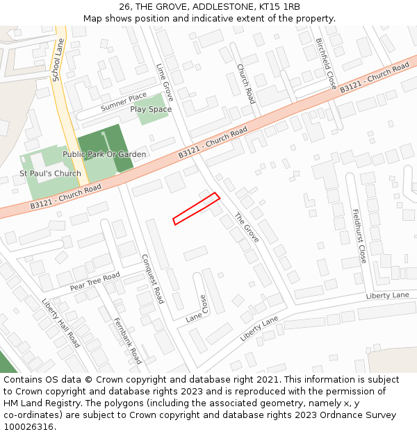 26, THE GROVE, ADDLESTONE, KT15 1RB: Location map and indicative extent of plot