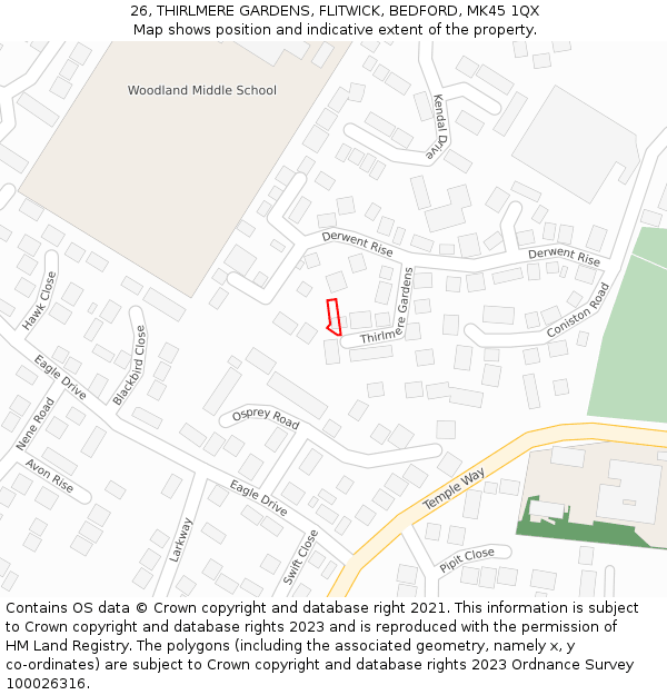 26, THIRLMERE GARDENS, FLITWICK, BEDFORD, MK45 1QX: Location map and indicative extent of plot