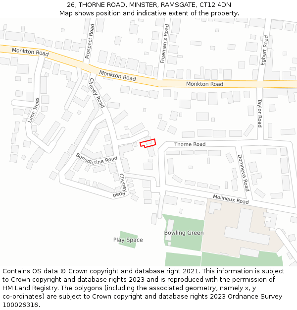 26, THORNE ROAD, MINSTER, RAMSGATE, CT12 4DN: Location map and indicative extent of plot