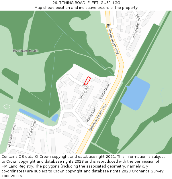 26, TITHING ROAD, FLEET, GU51 1GG: Location map and indicative extent of plot