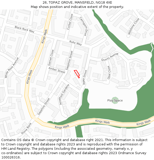 26, TOPAZ GROVE, MANSFIELD, NG18 4XE: Location map and indicative extent of plot