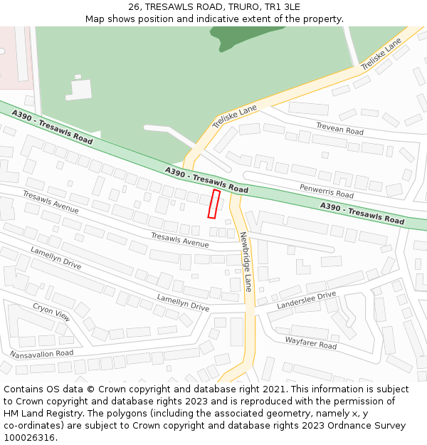 26, TRESAWLS ROAD, TRURO, TR1 3LE: Location map and indicative extent of plot