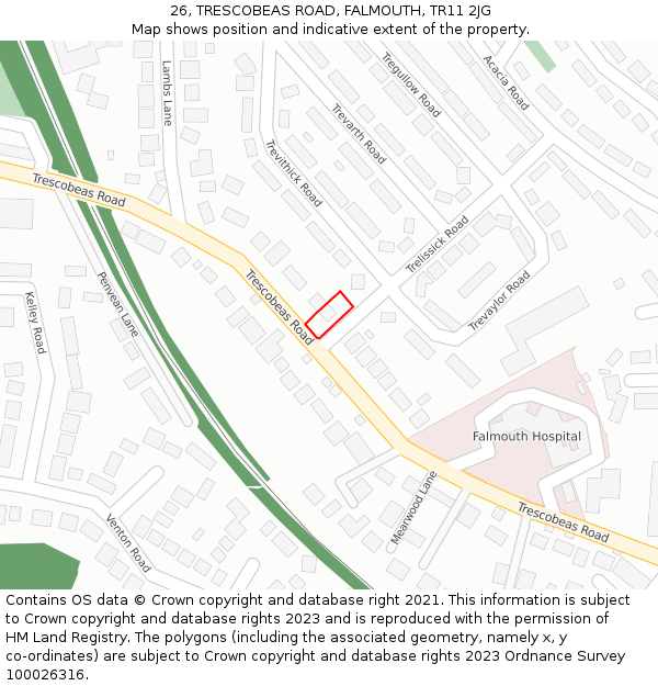 26, TRESCOBEAS ROAD, FALMOUTH, TR11 2JG: Location map and indicative extent of plot