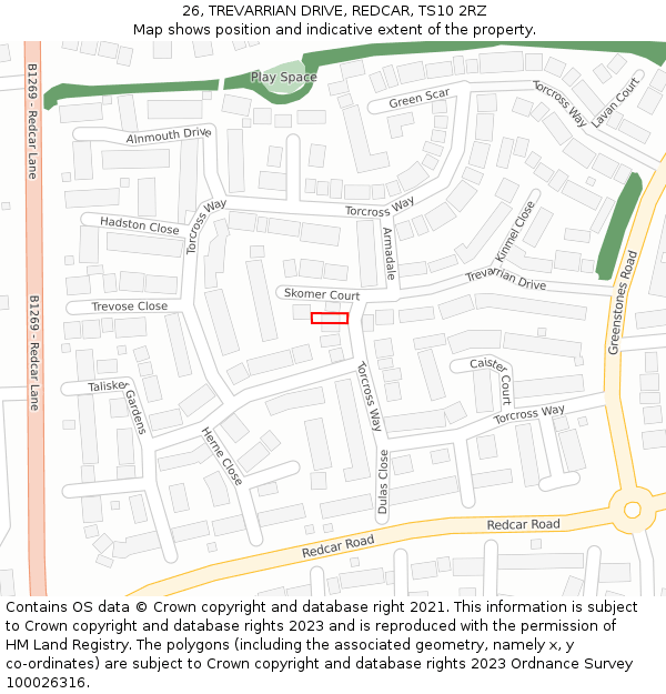 26, TREVARRIAN DRIVE, REDCAR, TS10 2RZ: Location map and indicative extent of plot