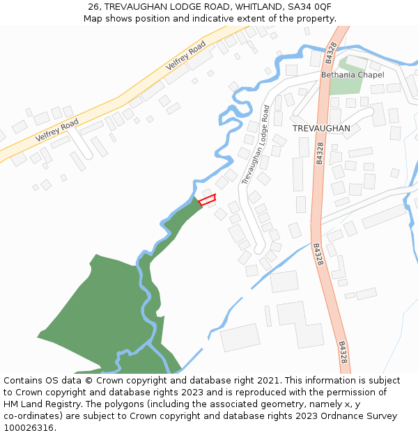 26, TREVAUGHAN LODGE ROAD, WHITLAND, SA34 0QF: Location map and indicative extent of plot