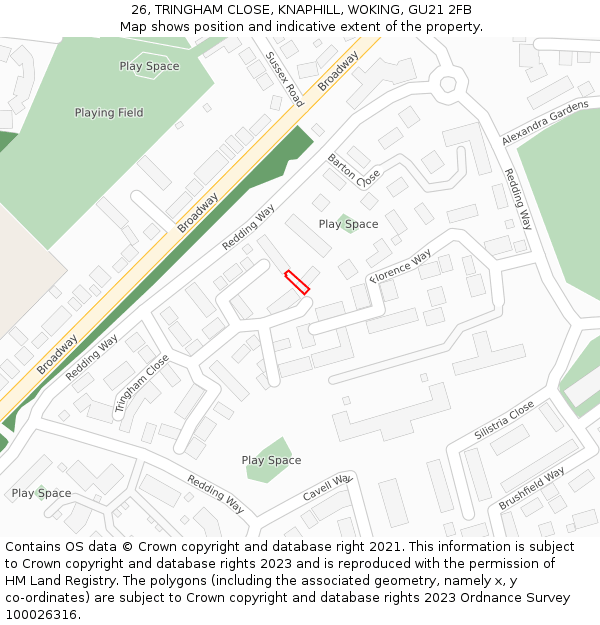 26, TRINGHAM CLOSE, KNAPHILL, WOKING, GU21 2FB: Location map and indicative extent of plot