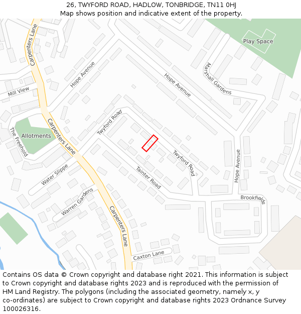 26, TWYFORD ROAD, HADLOW, TONBRIDGE, TN11 0HJ: Location map and indicative extent of plot