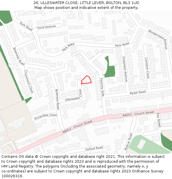 26, ULLESWATER CLOSE, LITTLE LEVER, BOLTON, BL3 1UD: Location map and indicative extent of plot